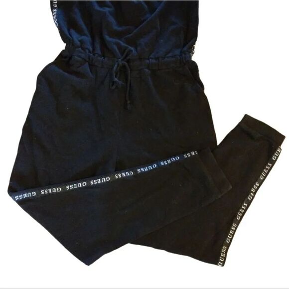 Guess Y2K Black Strapless White Side Logo Tape Fleece Jumpsuit Large - Picture 8 of 12
